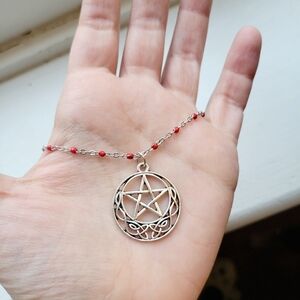 New Silver & Red Beaded Pentagram Necklace